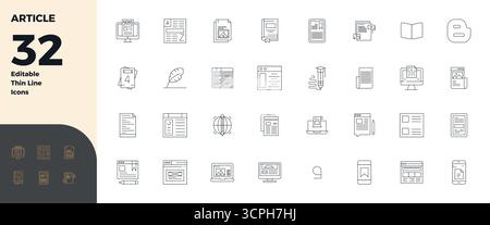 This collection features 32 Thin Line PIXEL perfect vector icons tailored to the Article theme, optimized in 128x128 format for digital design. Stock Vector