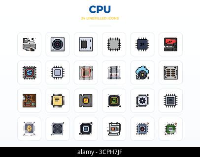 Contemporary collection of 24 vector icons representing Cpu in LineFill aesthetic, featuring 128x128 PIXEL perfect resolution for modern application d Stock Vector