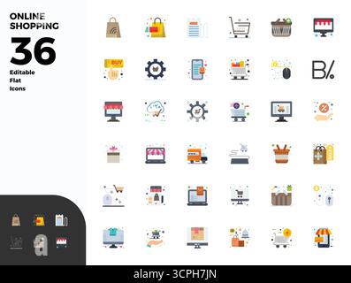 Collection of 36 Flat PIXEL perfect vector icons for Online Shopping, designed in 128x128 format for clarity and versatility. Stock Vector