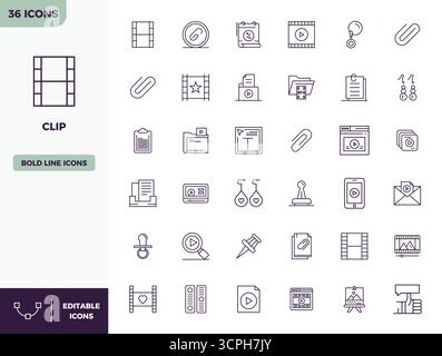 Beautifully rendered 36 Heavy Line PIXEL perfect vector icons for Clip, created at 128x128 resolution for stunning visual consistency across platforms Stock Vector
