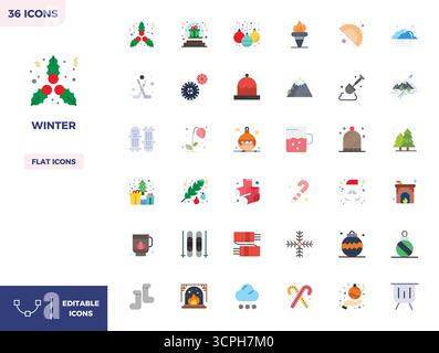 State-of-the-art bundle featuring 36 PIXEL perfect vector icons inspired by Winter, created in Flat Color format at 128x128 for next-generation interf Stock Vector