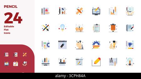 Revolutionary set of 24 PIXEL perfect vector icons inspired by Pencil, created in Flat format at 128x128 resolution for cutting-edge design. Stock Vector