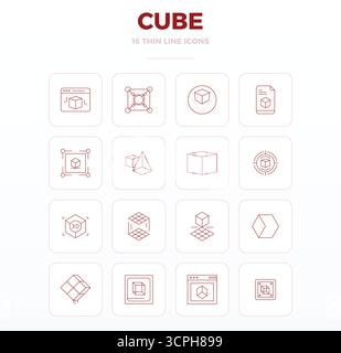 Professionally designed 16 vector icons in Thin Outline, capturing the essence of Cube with 128x128 PIXEL perfect precision for UI design. Stock Vector