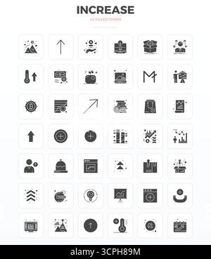 Comprehensive bundle featuring 42 vector icons in SolidFill design for Increase, delivered in crisp 128x128 PIXEL perfect quality. Stock Vector