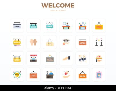 Handcrafted collection featuring 24 Minimal Flat vector icons for Welcome, optimized in 128x128 PIXEL perfect resolution for premium digital experienc Stock Vector