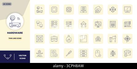 Unlock 28 Thin Line PIXEL perfect vector icons inspired by Hardware, optimized in 128x128 format for flawless display across all devices. Stock Vector