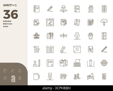 Refined bundle featuring 36 Bold Line vector icons for Writing, optimized with 128x128 PIXEL perfect quality for elegant and functional design solutio Stock Vector