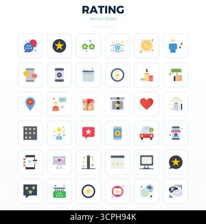 Set of 36 Minimal Flat PIXEL perfect vector icons themed around Rating, crafted in 128x128 resolution for seamless integration in apps and websites. Stock Vector