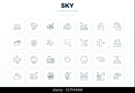 Precision-engineered 28 Thin Outline vector icons for Sky, designed at 128x128 PIXEL perfect resolution for exceptional clarity and scalability. Stock Vector