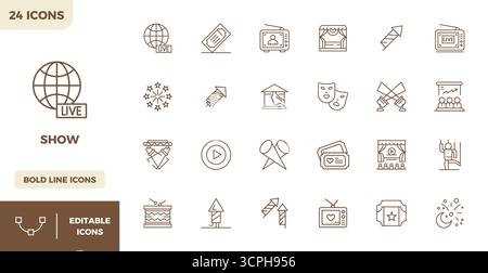 Advanced collection of 24 PIXEL perfect vector icons inspired by Show, crafted in Heavy Line with 128x128 optimization for superior visual performance Stock Vector