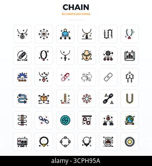 Streamlined set of 36 vector icons for Chain in LineFill aesthetic, featuring 128x128 PIXEL perfect resolution for seamless user experiences. Stock Vector
