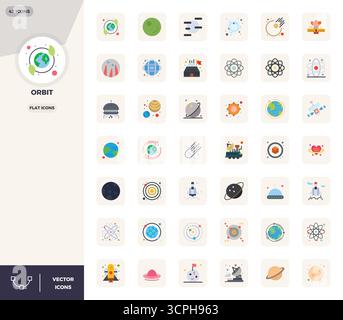 This set of 42 Flat vector icons captures Orbit themes in 128x128 PIXEL perfect quality, perfect for tech and business applications. Stock Vector