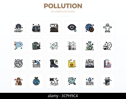Curated pack of 24 128x128 vector icons in LineFill design, centered around Pollution concepts with PIXEL perfect clarity. Stock Vector