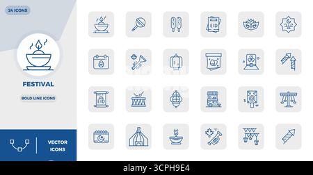 Enhance your projects with 24 Bold Line vector icons themed around Festival, featuring 128x128 PIXEL perfect resolution ideal for clean and profession Stock Vector