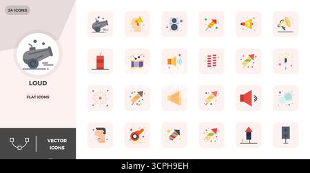A dynamic set of 24 vector icons in Flat, tailored for Loud with 128x128 PIXEL perfect quality suited for digital products. Stock Vector
