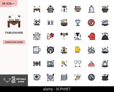 Revolutionary set of 36 PIXEL perfect vector icons inspired by Tableware, created in Flat Lineal Color format at 128x128 resolution for cutting-edge d Stock Vector