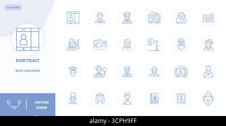 Ultimate collection of 24 vector icons representing Portrait in Bold Line aesthetic, optimized with 128x128 PIXEL perfect resolution for maximum impac Stock Vector