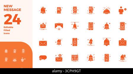 Comprehensive bundle featuring 24 vector icons in Glyph Filled design for New Message, delivered in crisp 128x128 PIXEL perfect quality. Stock Vector