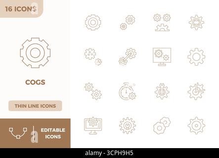 Collection of 16 Minimal Line PIXEL perfect vector icons for Cogs, designed in 128x128 format for clarity and versatility. Stock Vector