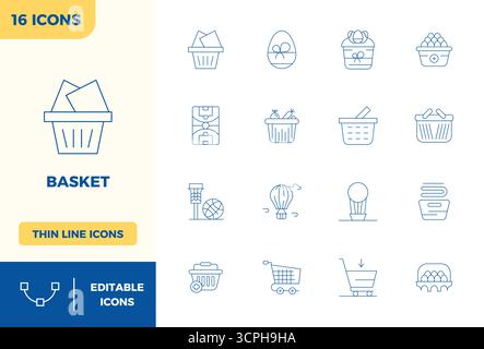 Ultimate collection of 16 vector icons representing Basket in Minimal Line aesthetic, optimized with 128x128 PIXEL perfect resolution for maximum impa Stock Vector