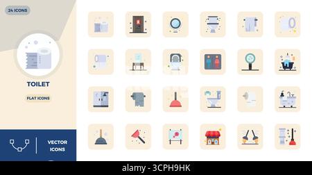 A dynamic set of 24 vector icons in Flat, tailored for Toilet with 128x128 PIXEL perfect quality suited for digital products. Stock Vector