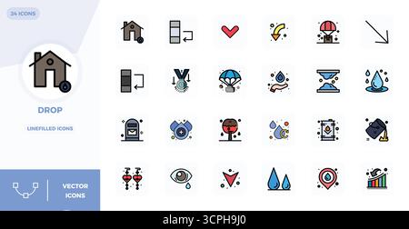 A versatile set of 24 LineFilled PIXEL perfect vector icons focused on Drop, delivered in crisp 128x128 format ideal for mobile and web applications. Stock Vector