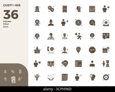 Strategic bundle featuring 36 vector icons representing Customer in Glyph Filled format, optimized with 128x128 PIXEL perfect quality for professional Stock Vector