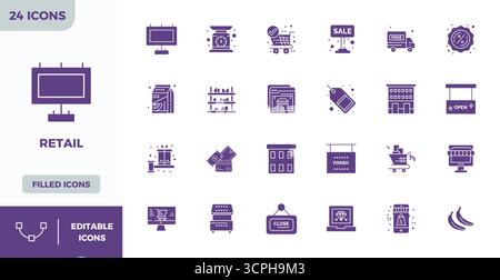 Professional-grade collection of 24 Filled vector icons representing Retail, crafted with 128x128 PIXEL perfect precision for enterprise applications. Stock Vector