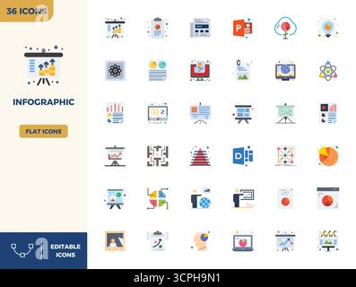 Industry-leading pack of 36 Flat Color PIXEL perfect vector icons for Infographic, sized at 128x128 for optimal rendering and user interface excellenc Stock Vector