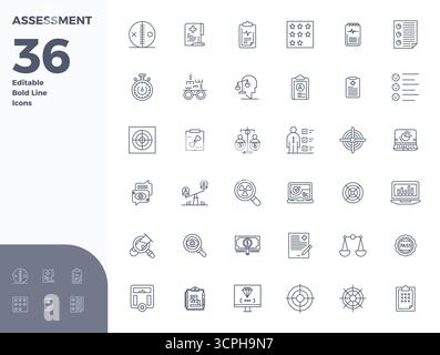 Curated pack of 36 128x128 vector icons in Bold Line design, centered around Assessment concepts with PIXEL perfect clarity. Stock Vector
