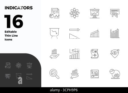 Intelligently designed 16 PIXEL perfect vector icons inspired by Indicators, created in Thin Line format at 128x128 for smart and efficient design wor Stock Vector
