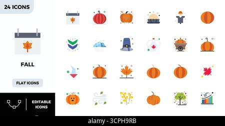 Unlock 24 Flat Color PIXEL perfect vector icons inspired by Fall, optimized in 128x128 format for flawless display across all devices. Stock Vector