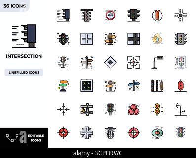 A dynamic set of 36 vector icons in Flat Lineal Color, tailored for Intersection with 128x128 PIXEL perfect quality suited for digital products. Stock Vector