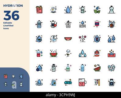 Set of 36 Duotone PIXEL perfect vector icons themed around Hydration, crafted in 128x128 resolution for seamless integration in apps and websites. Stock Vector