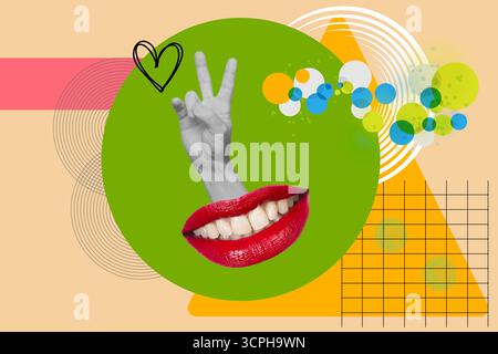 Collage of a woman mouth with red lips and a hand with victory gesture on a green circle on a colored background with colored circles Stock Photo
