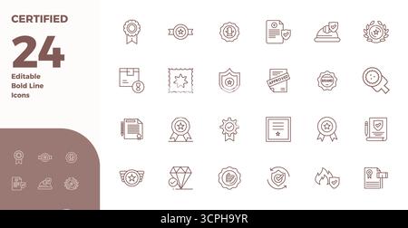 Industry-leading pack of 24 Bold Line PIXEL perfect vector icons for Certified, sized at 128x128 for optimal rendering and user interface excellence. Stock Vector