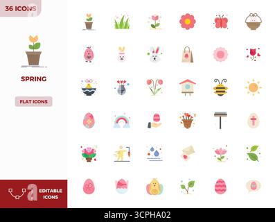This set of 36 Flat Color vector icons captures Spring themes in 128x128 PIXEL perfect quality, perfect for tech and business applications. Stock Vector