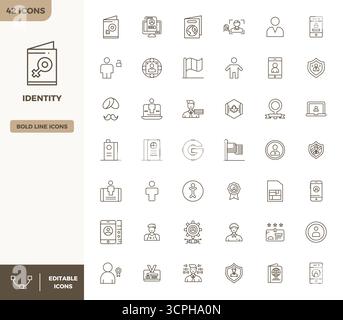 Industry-leading pack of 42 Heavy Line PIXEL perfect vector icons for Identity, sized at 128x128 for optimal rendering and user interface excellence. Stock Vector