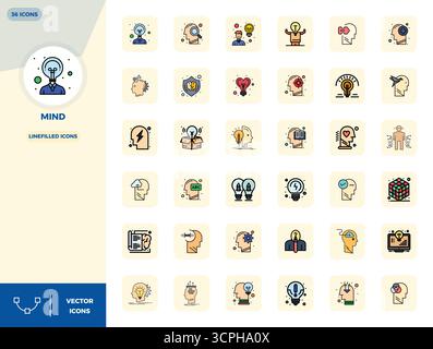 Enhance your projects with 36 LineFilled vector icons themed around Mind, featuring 128x128 PIXEL perfect resolution ideal for clean and professional Stock Vector