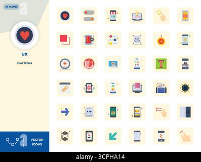 Curated pack of 36 128x128 vector icons in Flat design, centered around Ux concepts with PIXEL perfect clarity. Stock Vector