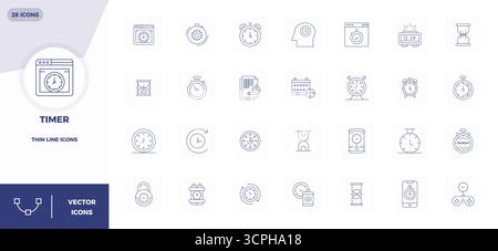Expertly designed 28 Thin Line PIXEL perfect vector icons for Timer, engineered at 128x128 resolution for flawless integration and performance. Stock Vector