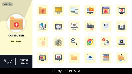 This Computer vector icon pack includes 24 Flat designs in 128x128 PIXEL perfect format, perfect for enhancing digital interfaces. Stock Vector