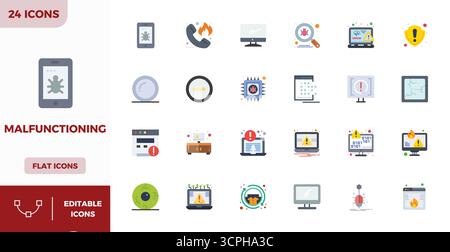 Professional-grade collection of 24 Flat Color vector icons representing Malfunctioning, crafted with 128x128 PIXEL perfect precision for enterprise a Stock Vector