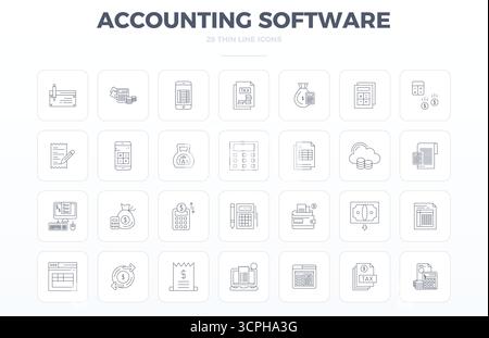 Artfully designed 28 Thin Outline PIXEL perfect vector icons for Accounting Software, delivered in 128x128 format for consistent visual excellence. Stock Vector