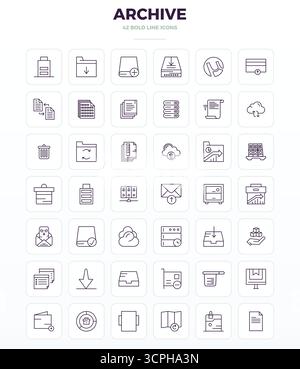 Strategic bundle featuring 42 vector icons representing Archive in Strong Outline format, optimized with 128x128 PIXEL perfect quality for professiona Stock Vector