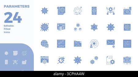 Enhance your projects with 24 Glyph Filled vector icons themed around Parameters, featuring 128x128 PIXEL perfect resolution ideal for clean and profe Stock Vector