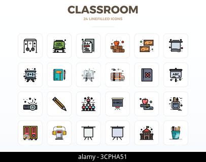 Exclusive collection of 24 LineFill vector icons for Classroom, developed with 128x128 PIXEL perfect resolution for premium brand experiences. Stock Vector
