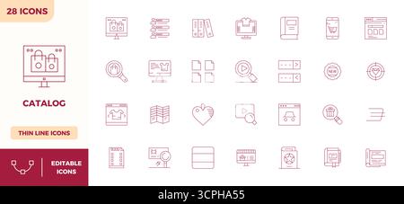 This set of 28 Minimal Line vector icons captures Catalog themes in 128x128 PIXEL perfect quality, perfect for tech and business applications. Stock Vector