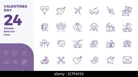 This collection features 24 Bold Line PIXEL perfect vector icons tailored to the ValentineS Day theme, optimized in 128x128 format for digital design. Stock Vector