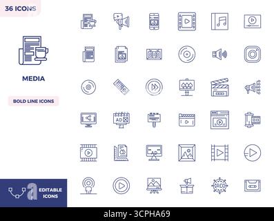 Expertly designed 36 Heavy Line PIXEL perfect vector icons for Media, engineered at 128x128 resolution for flawless integration and performance. Stock Vector